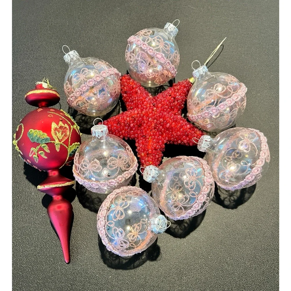 Vintage Lot 15 Pyramid Stenciled Glass Christmas Pink Red Gold Various Ornaments